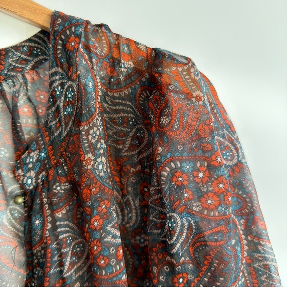 Pleione 100% Silk Paisley Smocked Waist Blouse Large Nordstrom Boho Peplum Top - Picture 9 of 13